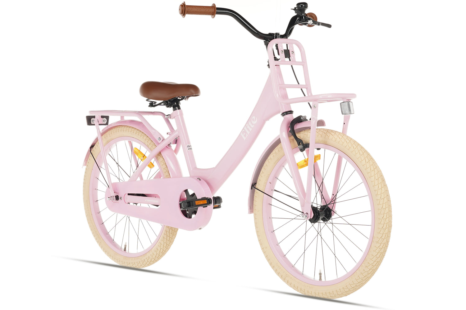 Meisjesfiets, roze met hartdesign, met fietsendrager en wielen, stalen Meisjesfiets, roze met hartdesign, met fietsendrager en wielen, stalen